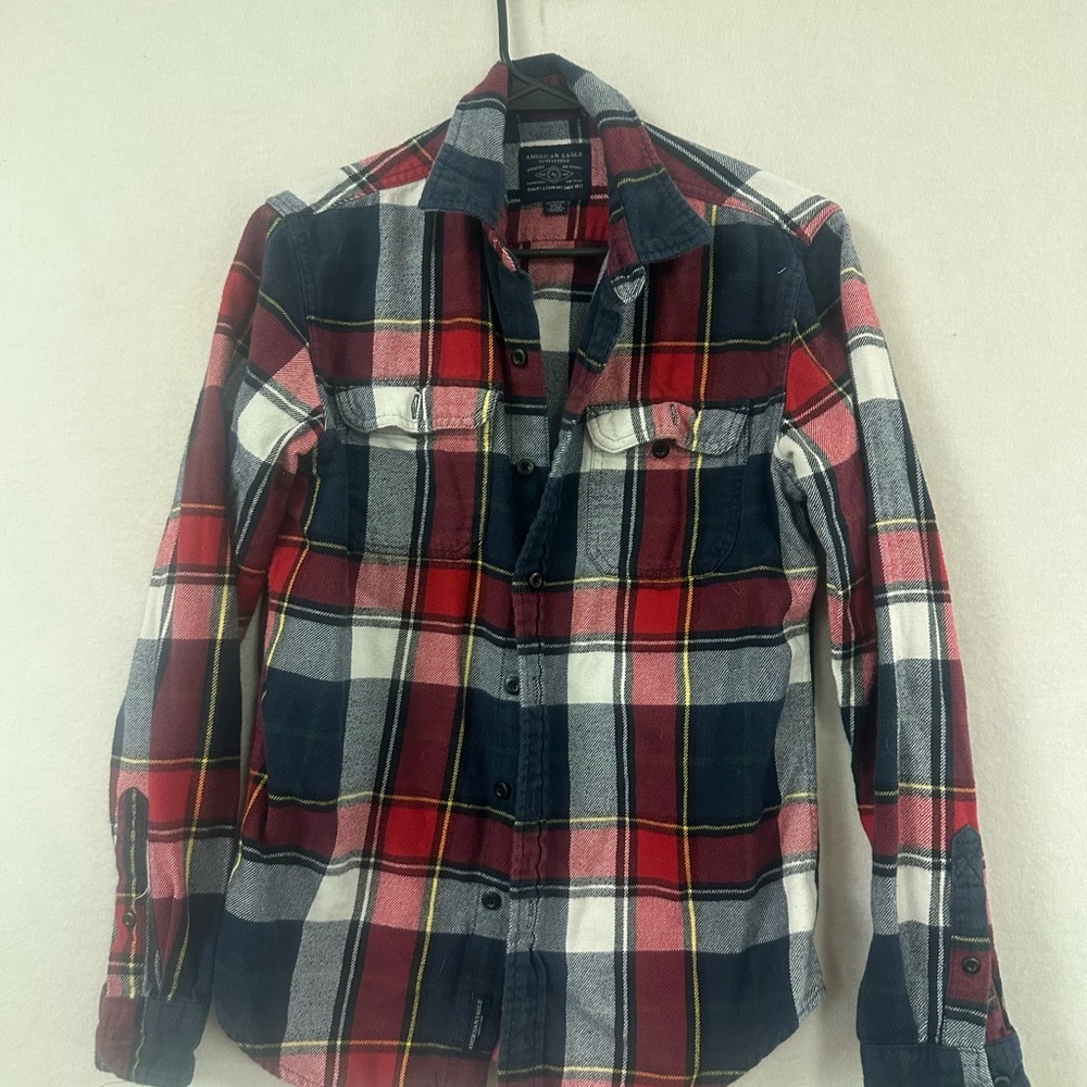 American Eagle Men’s Size XS Extra Small Blue Red Flannel Plaid Buttons Heavy